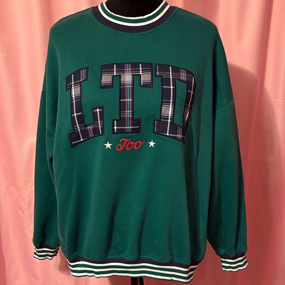 Limited Too Green and Navy Tartan Logo Pullover Sweatshirt